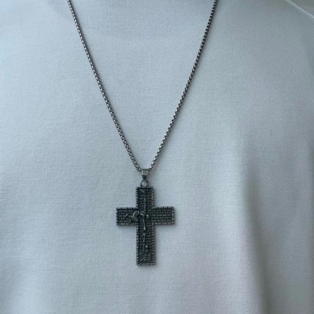 Mens Silver Cross Necklace Black Textured Skeleton Pendant 24 Inch Chain